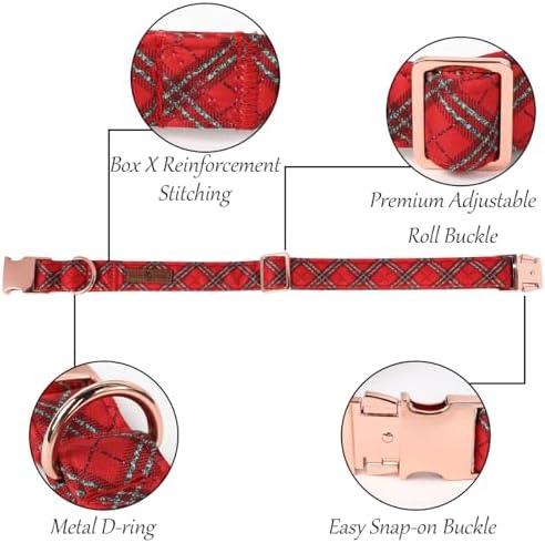 Lionet Paws Christmas Dog Collar, Cute Winter Red Green Dog Collar for Medium Dogs, Adjustable Cotton Grid Pet Collars for Small Medium Dogs