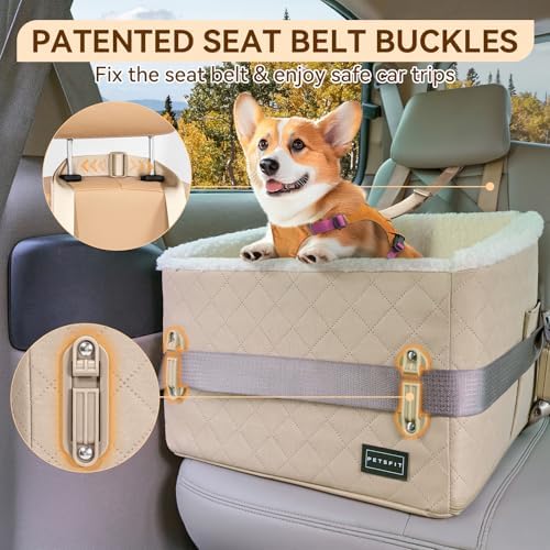 PETSFIT Small Dog Booster Car Seat, Soft Foam, Storage Pockets, Detachable Leash, Under 30 lbs, Khaki