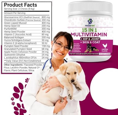 15-in-1 Postnatal Vitamins for Dogs - Enhances Recovery, Supports Joint Health, Skin & Coat Care - Probiotics & Multivitamins for Nursing Dogs - 120 Chewable Chicken Flavor Tablets