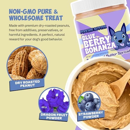 Poochie Butter Blueberry Dog Peanut Butter - Made in USA, Creamy Spread for Lick Mats & Food Toppers - Dry Roasted Peanuts Non-GMO No Sugar Added Dog Treats | 12 oz (Pack of 2)