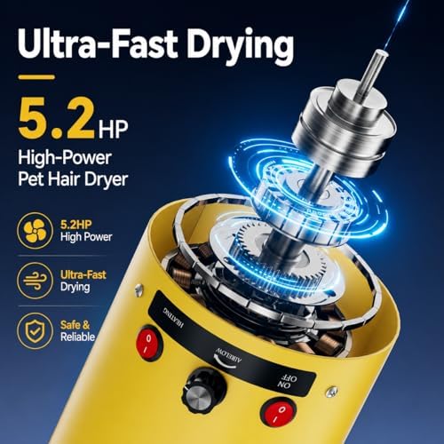 Dog Dryer High Velocity Dog Hair Dryer 5.2HP/3800W, Stepless Adjustable Speed Temperature Dogs Grooming Blow Dryer, Pet Dryer with 4 Nozzles,Blow Dryer for Dogs, Yellow
