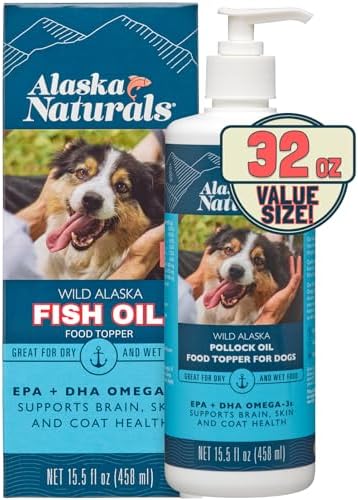 Alaska Naturals Wild Alaskan Fish Oil Supplement for Dogs Skin and Coat with EPA DHA Omega 3 Fatty Acids Sustainable Liquid Food Topper 32 oz. Pump