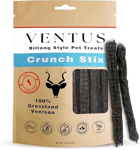 VENTUS Jerky Crunch Stix - Single Ingredient High Protein Dog Training Treats, Wild Venison, Air-Dried, Grain Free Training Treats for Dogs, 8 oz