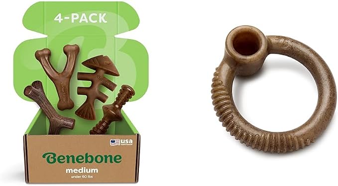 Benebone Medium 4-Pack Dog Chew Toys for Aggressive Chewers, Made in USA, 60lbs and Under & Ring Durable Dog Chew Toy for Aggressive Chewers, Real Bacon, Made in USA, Medium