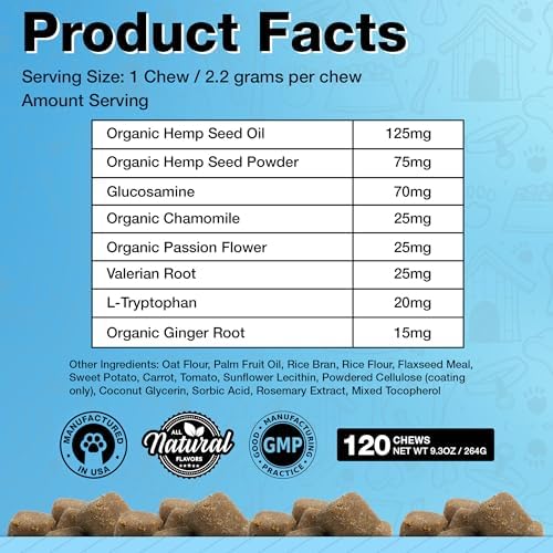 Calming Chews with Organic Hemp Oil| Dog Anxiety Relief & Travel Friendly| Glucosamine to