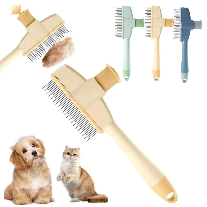 Self-Cleaning Cat Grooming Brush - Flea Comb for Cats & Dogs with Release Button, Pet Hair Removal for Shedding & Fleas, One-Click Cleaning (2025)(Yellow)