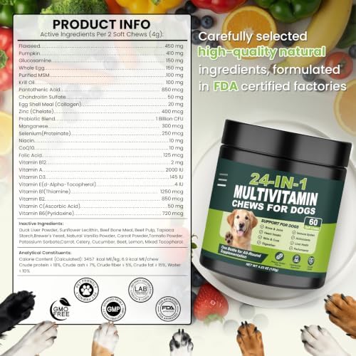 24-in-1 Dog Vitamins and Supplements 60 Ct Daily Multivitamin for Dogs