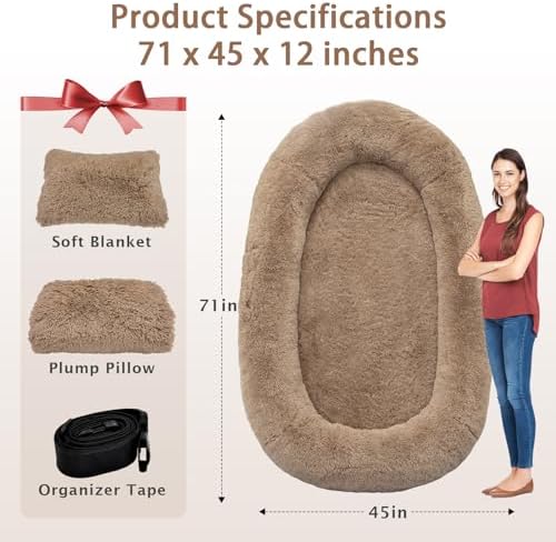 ROOMTEC Human Dog Bed, 71''x45''x12'' Size Fits Adult and Pet Washable Giant People Bed 10 CM Thick Memory Foam Large Oversize Pet Bed with Plump Pillow, Blanket, Strap - Khaki
