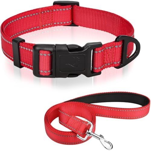 Joytale Dog Collar (10-16") and 6FT x 3/4" Wide Dog Leash Set, Reflective and Adjustable Nylon Collar and Padded Handle Leash for Small Dogs, Red, S