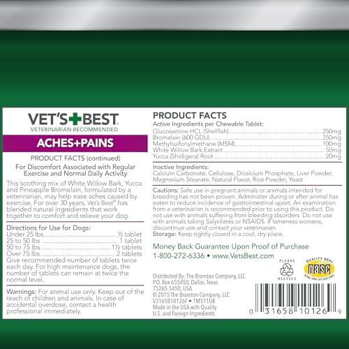 Vet’s Best Dog Pain Relief Supplement,Natural Aspirin Alternative for Hip & Joint Support,Arthritis & Aches Relief Tablets for Dogs,150 Count (Pack of 2)