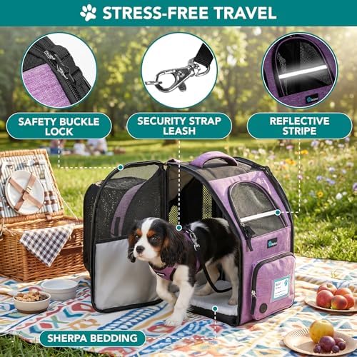 PetAmi Expandable Dog Backpack Carrier, Top Window & Multi-Entry, Up to 18 lbs, Purple