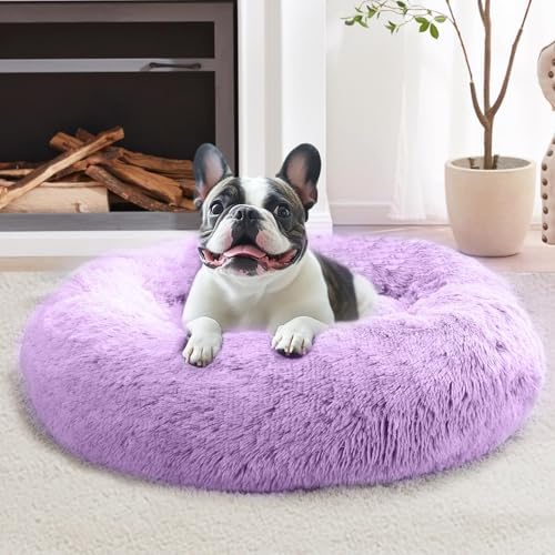 JOLLYVOGUE 31" Calming Donut Dog Bed, Purple