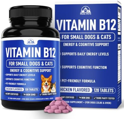 Vitamin B12 Supplement for Small Dogs & Cats with Cobalamin, Folate - Vitamin B12 Dogs and Cats Tablet Energy & Cognitive Support - 120 Chicken Flavored Chewable Tablets -Third Party Tested, Non GMO
