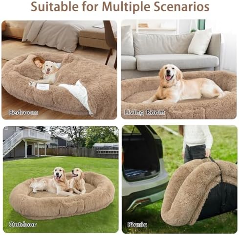 ROOMTEC Human Dog Bed, 78''x51''x12'' Size Fits Adult and Pet Washable Giant People Bed 10 CM Thick Memory Foam Large Oversize Pet Bed with Plump Pillow, Blanket, Strap - Khaki