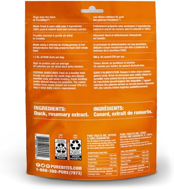 PureBites Duck Air Dried Jerky Dog Treats, 5.5 oz | 2 Ingredients, Duck, Air-Dried, Made in Canada, High-Value Training Reward, No Glycerin or Fillers