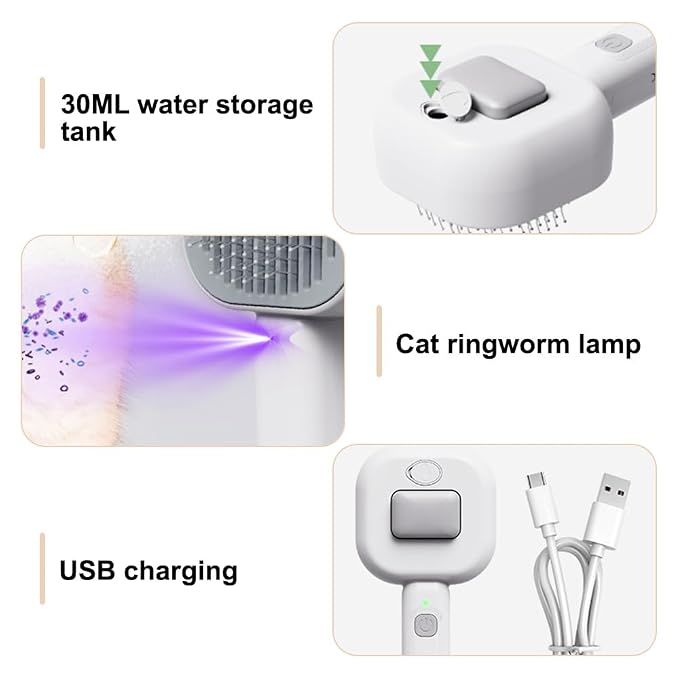 Cat Steamy Brush,3 in1 Self Cleaning Steam Cat Brush with 30ml Water Tank USB Rechargeable for Cats Dogs Rabbits Massage Clean Grooming