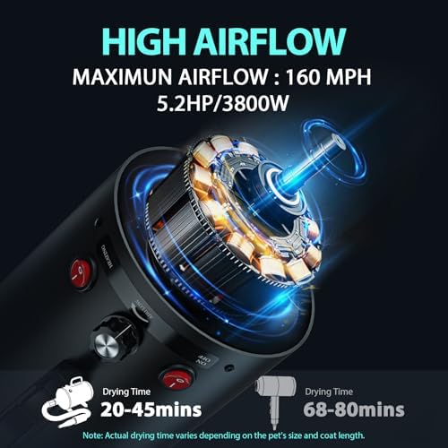 Dog Dryer High Velocity Dog Hair Dryer 5.2HP/3800W, Stepless Adjustable Speed Temperature Dogs Grooming Blow Dryer, Pet Dryer with 4 Nozzles,Blow Dryer for Dogs, Black