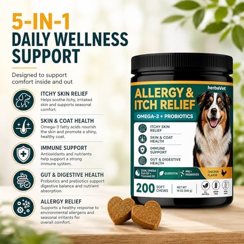 Dog Allergy Chews, Dog Allergy & Itching Skin Relief, with Omega-3 & Multivitamins, Probiotics, Seasonal Allergy Support, Immune, Gut & Skin Health Support, Skin Redness Relief, Chicken Flavor, 200 Ct