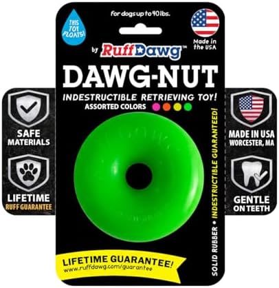 Ruff Dawg Dawg-Nut Medium 3.5” – Heavy-Duty Solid Rubber Donut Dog Chew Toy for Dogs Under 40 lbs – Floats & Bounces – Made in USA – Assorted Neon Colors