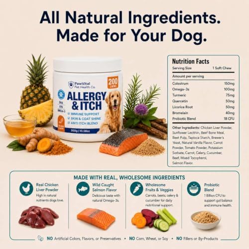 Dog Allergy Chews - 200ct Dog Allergy Relief for Itching Skin & Paw Licking - Allergy and Immune Chews for Dogs with Probiotics & Colostrum - Anti Itch Supplement for Seasonal Allergies, Salmon Flavor