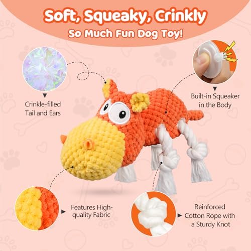 TOOPTATE Hippo Squeaky Dog Toy, Yellow Orange, Medium | Cute Plush Design, Rope Legs for Tugging, Helps Keep Dogs Busy, Suitable for Small, Medium, and Large Dogs