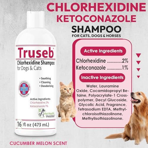 Truseb Chlorhexidine Shampoo for Dogs Cats & Horses with Aloe Vera - Medicated Antibacterial Antifungal Ketoconazole Dog Shampoo and Conditioner -Skin Irritation, Hot Spots, Redness Relief (16 oz)