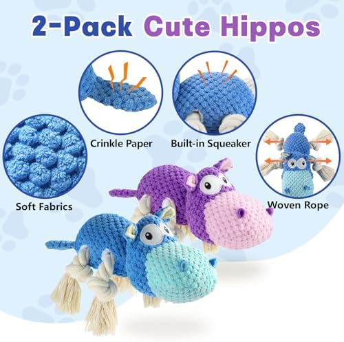 TOOPTATE 2-Pack Squeaky Hippo Dog Toys, Blue & Purple, Medium | Cute Plush Design, Rope Legs for Tugging, Helps Keep Dogs Busy, Suitable for Small, Medium, and Large Dogs