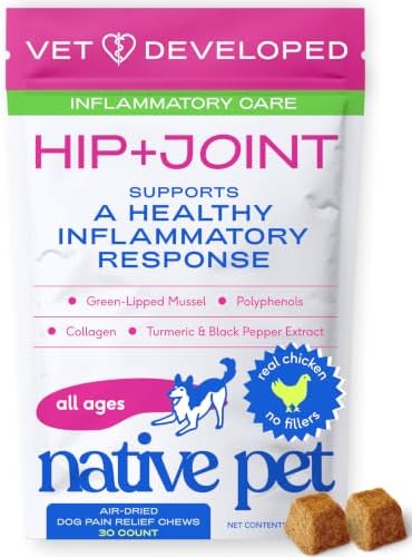 Native Pet Inflammatory Care - Pain Relief for Dogs - Green-Lipped Mussel, Turmeric & Collagen for Dogs - Hip and Joint Supplement Supports Healthy Inflammatory Response & Joint Comfort - 30 Chews