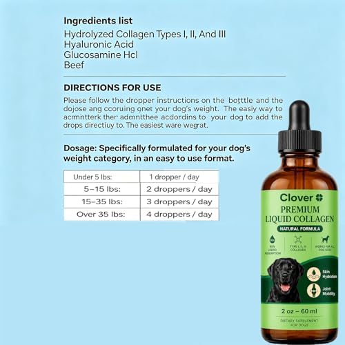 Clover Collagen for Dogs, Triple Hydrolyzed Liquid Collagen Peptides with Glucosamine and Hyaluronic Acid, Joint Mobility Support, Skin and Coat Supplement Drops (1PC)