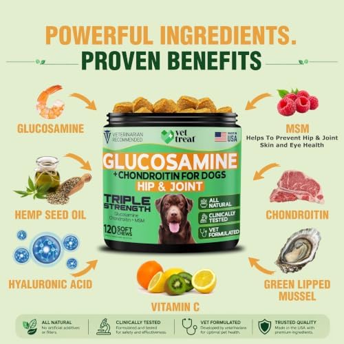 Glucosamine for Dogs – Dog Joint Supplement with Chondroitin, MSM, Turmeric & Hemp Seed Oil – Hip and Joint Supplement for Dogs, Mobility Support, Senior Dog Joint Chews – Made in USA – 120 Soft Chews