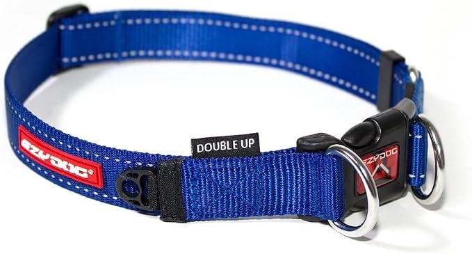 EzyDog Double Up Dog Collar, Strong Double D-Rings - Large, Blue | Dual D-Rings for Superior Strength, Safety, and Comfort, Soft Touch Nylon Webbing, Reflective Stitching, Id Attachement Point