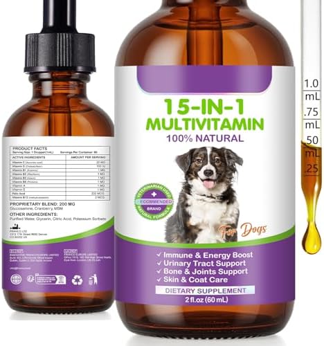 Dog Multivitamin Drops, 15 in 1 Multivitamin Liquid - Dog Vitamins with Glucosamine & Cranberry, Supports Joint, Digestion, Skin & Coat Health, Dog Supplement for Dogs of All Ages, Bacon Flavor, 60 ml