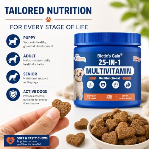 Biotic’s Gain 25-in-1 Multivitamin for Dogs | Chicken Flavour Soft Chews | Supports Skin, Heart, Hip & Joint and Gut Health | Daily Nutrient Boost for All Breeds (25 in 1 Multivitamins)