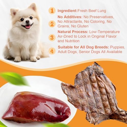 Beef Lung Dog Treats, All-Natural Single Ingredient, Dehydrated & Crispy, High Protein Low Fat Snacks for All Dogs