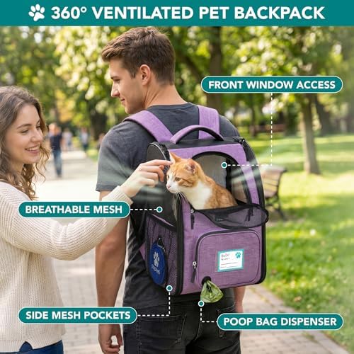 PetAmi Expandable Dog Backpack Carrier, Top Window & Multi-Entry, Up to 18 lbs, Purple