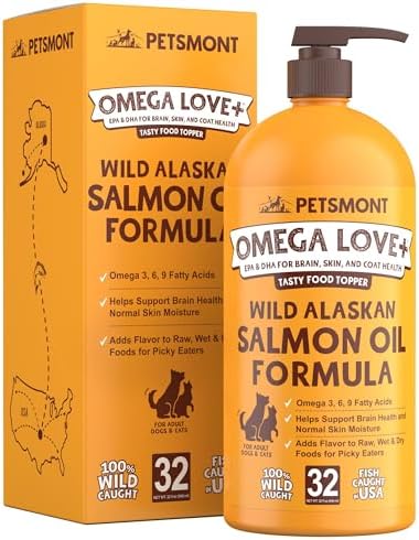 Petsmont Omega Love+ Wild Alaskan Salmon Oil for Dogs Formula 32 oz - Fish Omega Liquid Pump Cats Supports Joint Function Immune Heart Health Food Supplement Pets Natural EPA DHA Fatty Acids