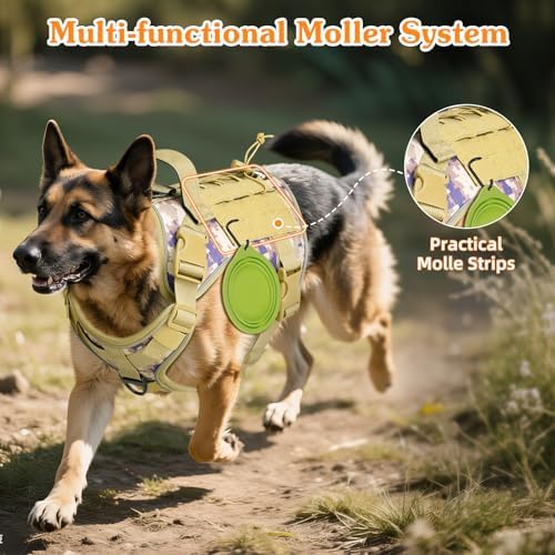 VavoPaw Heavy Duty Tactical Dog Harness for Large Dogs, No Pull Adjustable Pet Harness Reflective Service Training Easy Control Pet Vest Military K9 Working Dog Harnesses, Desert Camouflage, L