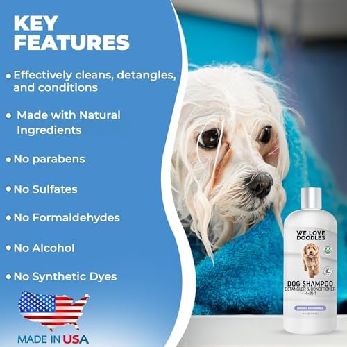 Dog Shampoo, Conditioner & Detangler, Hypoallergenic Tearless Lavender 16OZ | For Sensitive Itchy Skin, Hypoallergenic, Tearless, Best Shampoo For Smelly Dogs, Goldendoodle, Poodle & Doodle, Made in USA