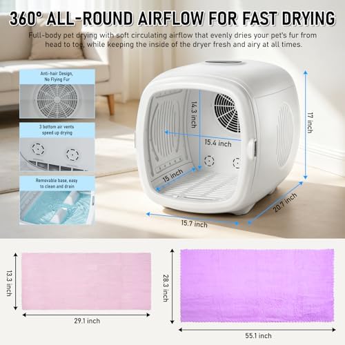 1200W High Velocity Pet Dryer Box for Cats & Small Dogs, Automatic Lonic Full-Body Fast Drying Box with 5 Temp Modes & Adjustable Wind,Low Noise Smart Soft Hair Grooming Dryer with 3 Towels(60L,White)