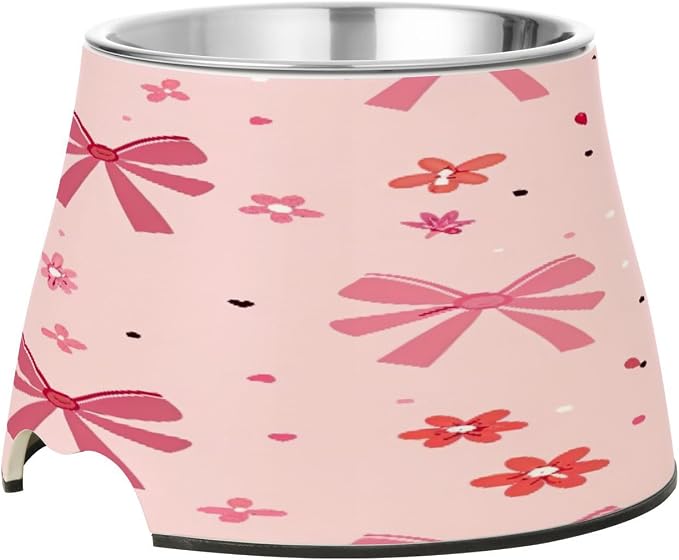 YETTASBIN Bow Pink Elevated Dog Bowls, Prevention of Vertebrae Disease Raised Dog & Cat Bowl Stand with Removable Stainless Steel Bowls, Non-Slip Spill-Proof Pet Food & Water Bowl Dish