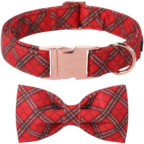Lionet Paws Christmas Dog Collar, Cute Winter Red Green Dog Collar for Medium Dogs, Adjustable Cotton Grid Pet Collars for Small Medium Dogs