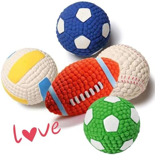 Squeaky Chew Dog Toys Interactive Sports Balls with Squeaker Soft Latex Rubber Bouncy Fetch Ball Toy (Soccer, Volleyball, Football, Tennis) for Puppy & Dog (Soccer-Green,Large)