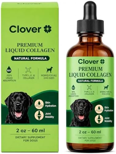Clover Collagen for Dogs, Triple Hydrolyzed Liquid Collagen Peptides with Glucosamine and Hyaluronic Acid, Joint Mobility Support, Skin and Coat Supplement Drops (1PC)