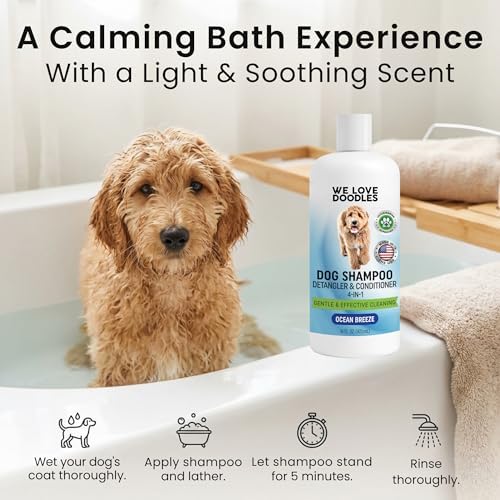 Dog Shampoo, Conditioner & Detangler, Gentle Tearless, Ocean Breeze, 16OZ | For Sensitive Itchy Skin, Hypoallergenic, Best For Smelly Dogs, Goldendoodle, Poodle & Doodle, Puppy Pet Wash, USA Made, 4in1