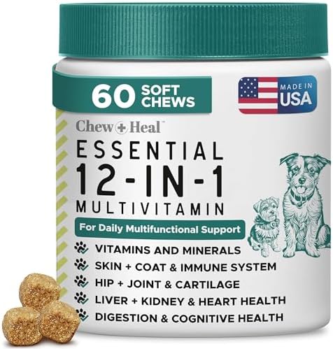 12-in-1 Dog Vitamin and Supplement Chews, 60 Ct - Senior and Puppy Vitamin | Glucosamine Chondroitin, Probiotics, Omega 3 - Hip & Joint, Skin & Coat, Immune, Digestive Support - Vitaminas Para Perros