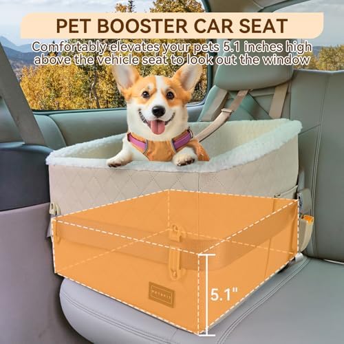 PETSFIT Small Dog Booster Car Seat, Soft Foam, Storage Pockets, Detachable Leash, Under 30 lbs, Khaki