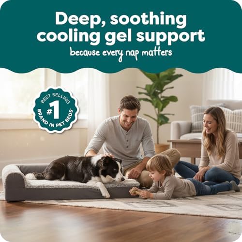 FurHaven Cooling Gel Dog Bed for Medium & Large Dogs, L-Shaped Chaise with Cool Gel-Top Foam with a Solid Orthopedic Foam Base for Joint Support, Washable Cover, Large, Plush & Suede, Stone Gray