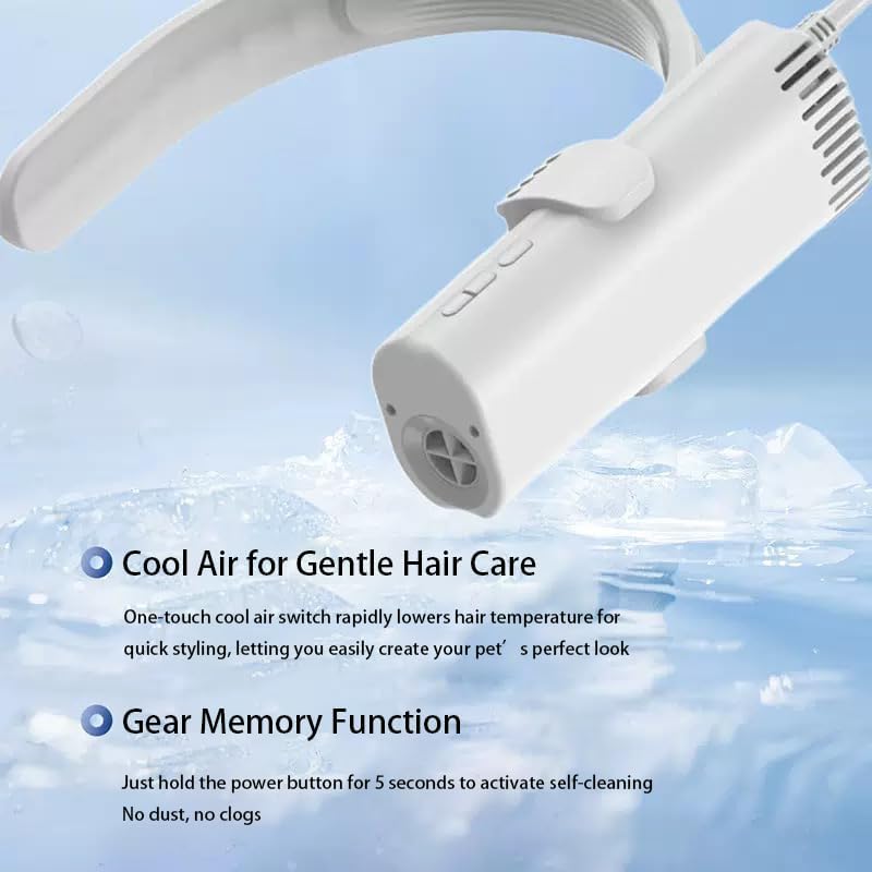 Professional Pet Hair Dryer, White, Brushless, Hands-Free Portable Design, Quiet Operation Below 65dB, with Adjustable Heat and Speed Settings, for Dogs and Cats