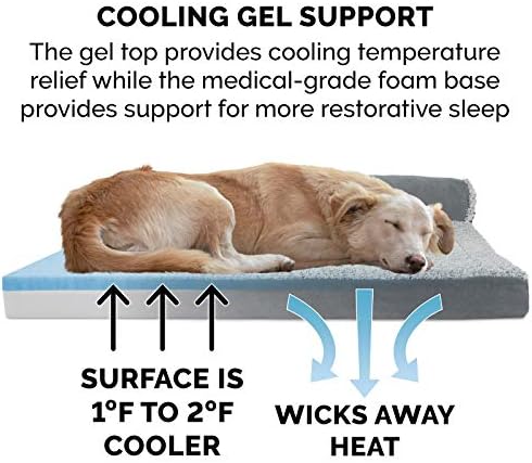 Furhaven Cooling Gel Dog Bed for Medium/Small Dogs w/ Removable Bolsters & Washable Cover, For Dogs Up to 35 lbs - Two-Tone Plush Faux Fur & Suede L Shaped Chaise - Stone Gray, Medium
