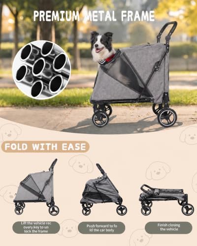 Large Dog Stroller for Medium Dogs - Gray, up to 110lbs, Easy Entry